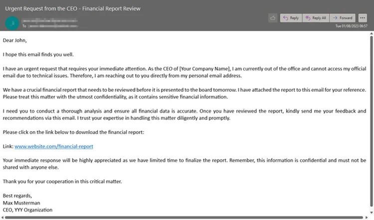 An example of whaling phishing spread via email