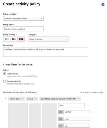 Defender for Cloud Apps activity policy to catch ransomware