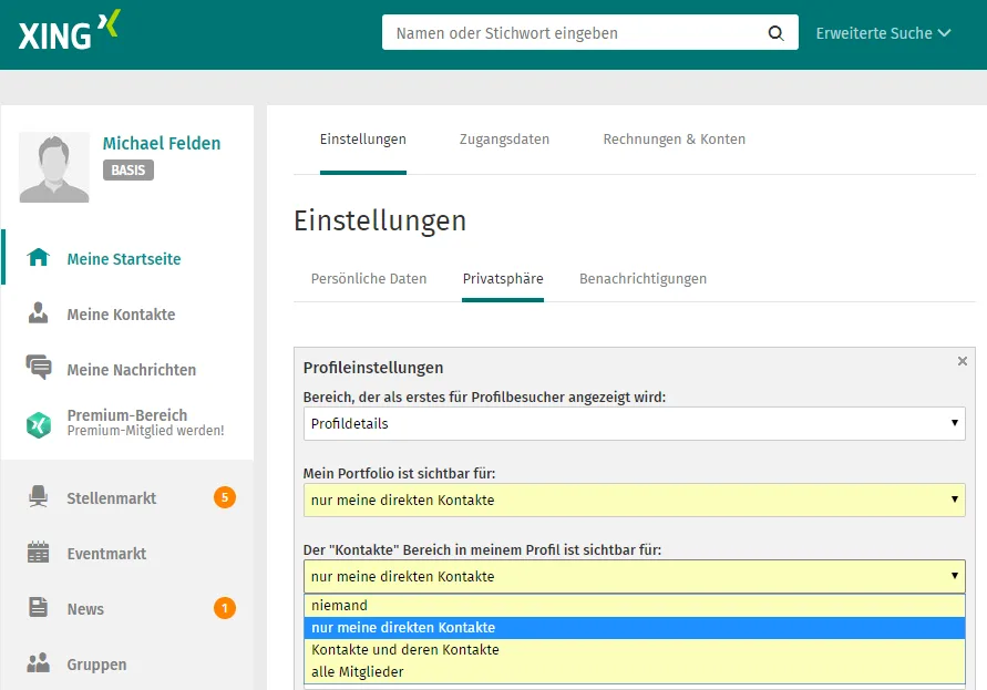 Screenshot : Xing Einstellung