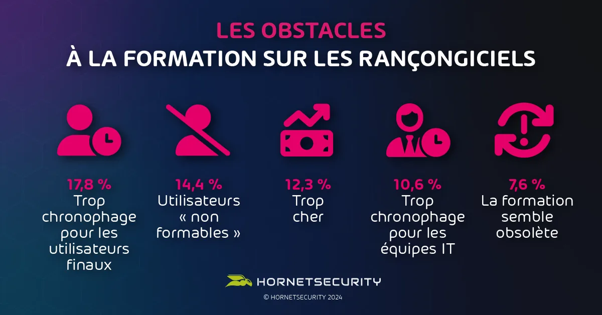 Des commentaires supplémentaires incluent la perception que les utilisateurs sont « impossibles à former » (14,4 %), le coût élevé de la formation (12,3 %) et la charge de temps importante pour le personnel informatique (10,6 %). Une proportion plus faible (7,6 %) considère la formation comme dépassée.