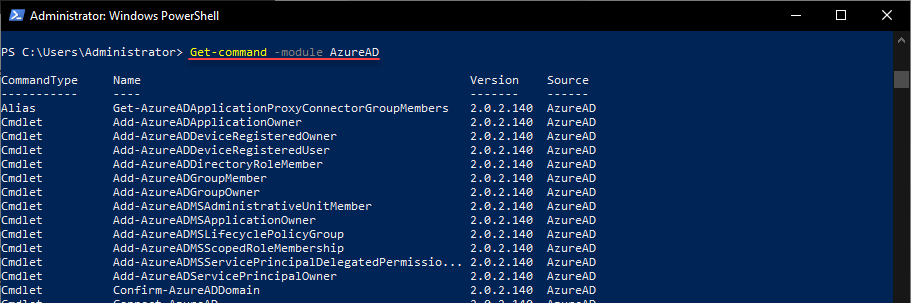 Listing out commands included with the AzureAD module