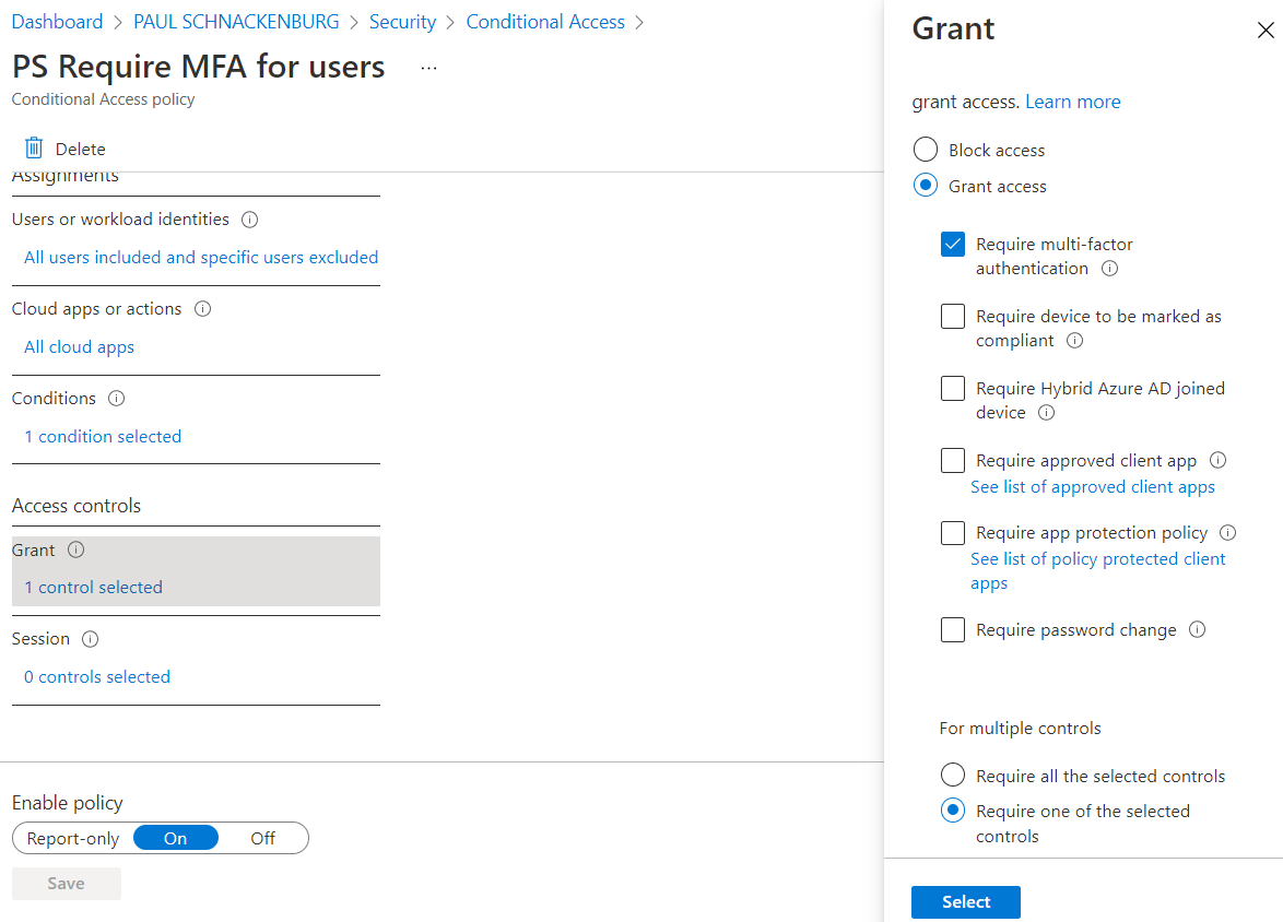 Enforcing MFA with a Conditional Access Policy